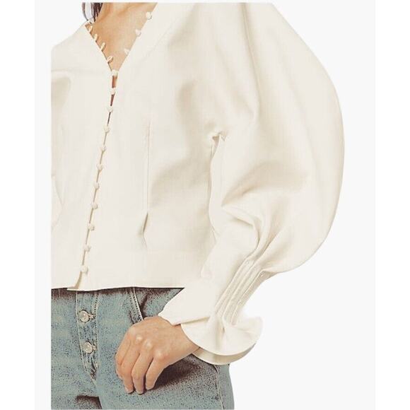 Cream V-Neck Loop & Button Front Balloon Pleated Cuff Sleeve Crop Blouse Med - Picture 2 of 11